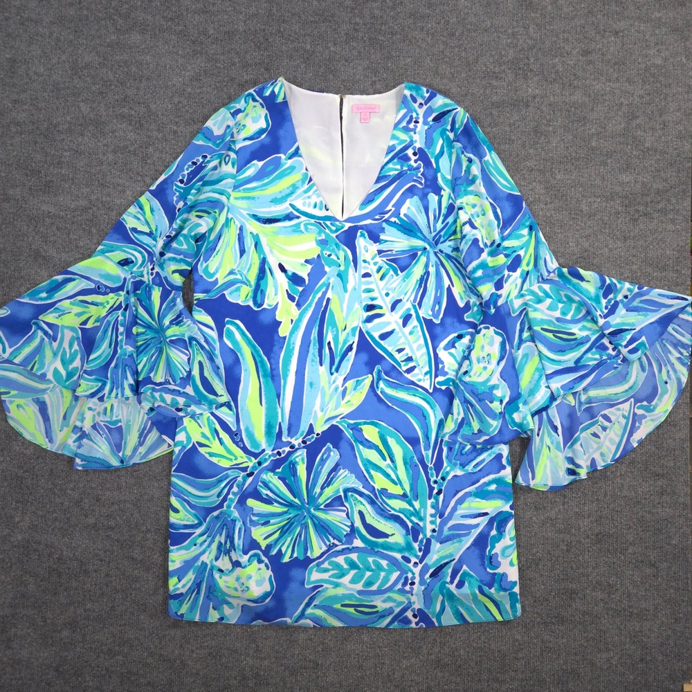 Lilly Pulitzer Rosalia Dress Womens 16 Beckon Blue Palm Passage Flounce Sleeve
